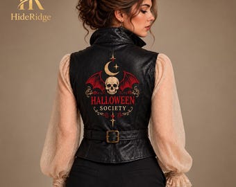 Handgefertigte Gothic-Lederweste für Damen – Viktorianische Vampirweste, individuelles Rückendesign, Halloween-Kostüm
