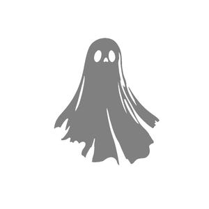 May include: A solid gray graphic of a ghost featuring a rounded head, two oval-shaped eye cutouts, and a small triangular mouth cutout. The body of the ghost is depicted with flowing, jagged edges at the bottom, suggesting movement and fabric-like folds.