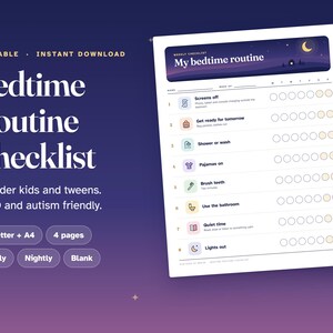 May include: A printable bedtime routine checklist featuring a dark blue header with a crescent moon and stars. The document includes numbered rows with icons for tasks like screens off, brushing teeth, and lights out, alongside weekly tracking circles.