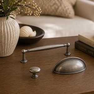 Antique Silver Cabinet Knobs and Pulls, Vintage Pewter Drawer Handles, Cup Pulls, French Country Kitchen Cabinet Hardware
