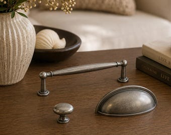 Antique Silver Cabinet Knobs and Pulls, Vintage Pewter Drawer Handles, Cup Pulls, French Country Kitchen Cabinet Hardware