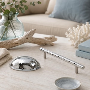 Hammered Silver Cabinet Pulls and Knobs, Solid Brass Drawer Handles, Chrome Cup Pull, Modern Kitchen Cabinet Hardware