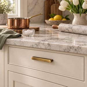 May include: A kitchen drawer with a rectangular, brushed brass finish handle. The drawer is off-white with a recessed panel design. The countertop above is white marble with grey veining, featuring a copper saucepan and a marble rolling pin.