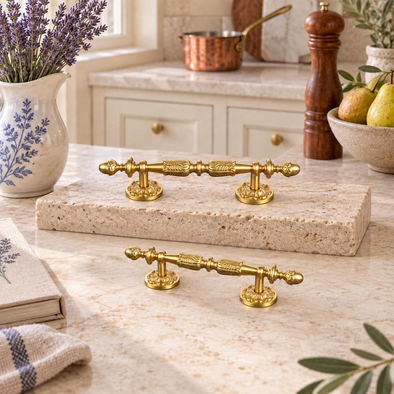 May include: Two gold-toned metal cabinet pulls featuring an ornate, textured cylindrical bar with decorative finials at each end and circular, floral-patterned mounting bases. The hardware is displayed on a rectangular, beige stone block.