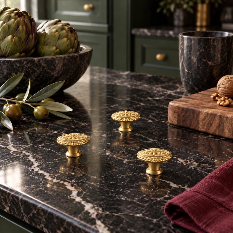 May include: Three round, gold-toned metal cabinet knobs featuring a detailed, embossed floral pattern on the top surface. Each knob has a tapered base and a textured, decorative edge, presented as a set of hardware for furniture or cabinetry.