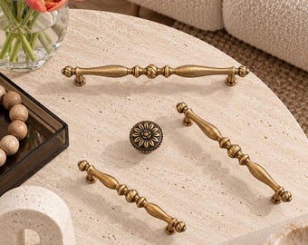 Antique Brass Cabinet Pulls and Floral Knob, French Vintage Drawer Handles, Ornate Solid Brass Dresser Hardware, Multiple Sizes