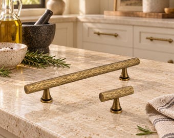 Antique Brass Hammered Cabinet Pulls and Knobs, Textured Drawer Handles, Rustic Kitchen Cabinet Hardware