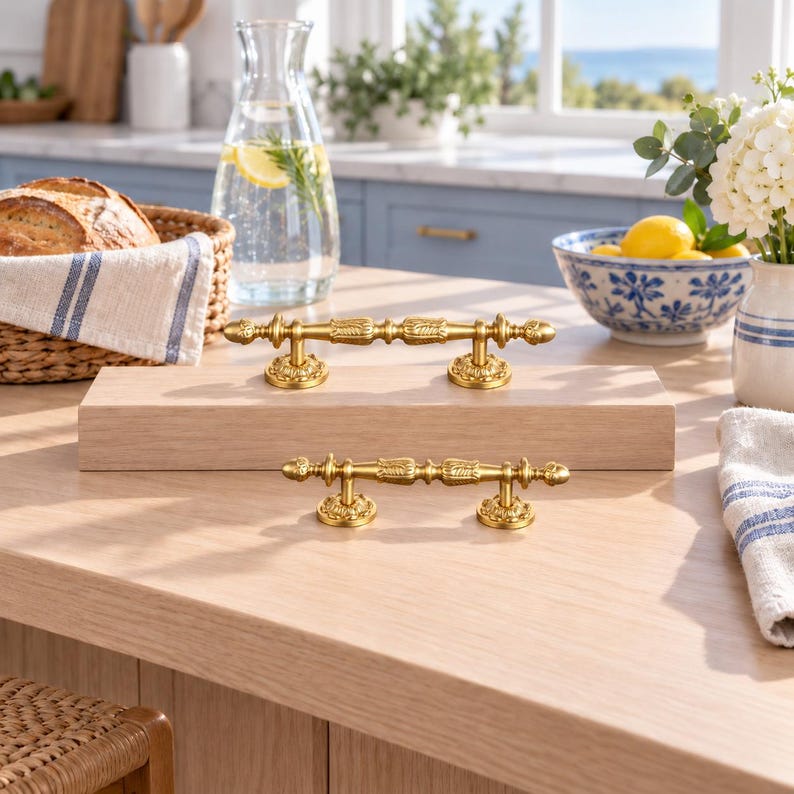 May include: Two ornate gold-toned metal cabinet pulls featuring intricate leaf-like detailing along the central bar and decorative circular bases. The hardware is displayed on a light-colored wooden surface, showcasing a polished finish and a classic, symmetrical design with two mounting points on each handle.