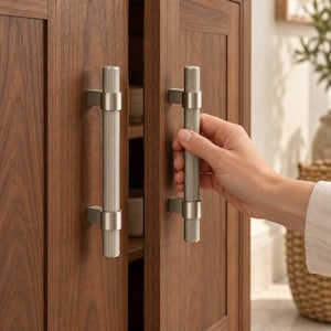 May include: Two vertical cabinet pulls with a brushed silver finish and a ribbed, cylindrical texture. The handles are mounted on dark brown wooden cabinet doors, featuring a clean, straight design with simple rectangular mounting brackets.
