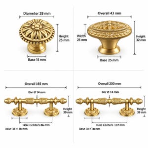 May include: Four gold-toned metal cabinet hardware pieces including two round knobs and two bar pulls. The round knobs measure 28 mm and 43 mm in diameter. The bar pulls measure 165 mm and 200 mm in overall length with 86 mm and 107 mm hole centers.