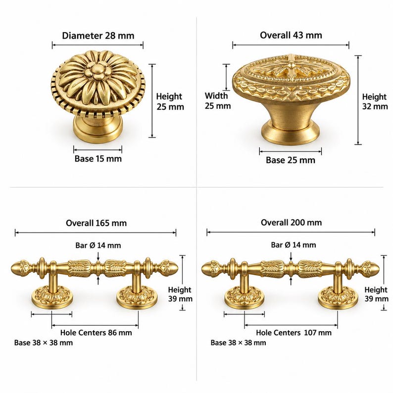 May include: Four gold-toned metal cabinet hardware pieces including two round knobs and two bar pulls. The round knobs measure 28 mm and 43 mm in diameter. The bar pulls measure 165 mm and 200 mm in overall length with 86 mm and 107 mm hole centers.