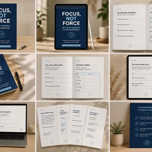 Peut inclure: Un ensemble de supports de travail intitulé Focus, Not Force: An ADHD-Friendly Focus Workbook, présenté sous divers formats incluant un livre physique, une tablette numérique et des pages ouvertes montrant des modèles de gestion de tâches.