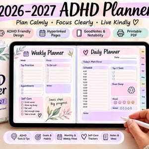 Peut inclure: Un agenda TDAH 2026-2027 affiché sur un écran de tablette, présentant des pages de planification hebdomadaire et quotidienne avec des sections pour les priorités, les horaires et les soins personnels. L'interface numérique comprend des mises en page aux tons pastel, des accents floraux et des étiquettes de texte pour l'organisation, ainsi qu'une couverture d'agenda physique et une icône de téléchargement numérique.