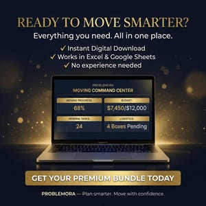Peut inclure: Un écran d'ordinateur portable affiche le tableau de bord Problemora Moving Command Center avec des sections pour la progression, le budget, les tâches et la logistique. Le texte indique Ready to Move Smarter et Get Your Premium Bundle Today.