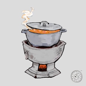 May include: A digital illustration of a grey metal cooking pot with a lid, containing orange food and emitting steam, resting on a grey metal charcoal stove with a visible orange fire in the base. A small circular logo is in the bottom right corner.