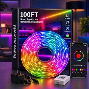 May include: A 100FT Seawavesworld smart LED strip light kit featuring a coiled multi-colored light strip, a power adapter, a white control box, and a smartphone displaying an app interface with a color wheel for 16 million color options.
