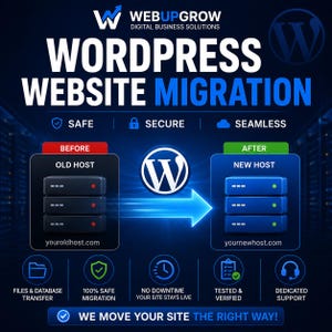 Pode incluir: Um gráfico digital para serviços de migração de sites WordPress da WebUpGrow. Apresenta uma seta azul apontando de um servidor antigo para um novo, com textos como Safe, Secure, Seamless e We Move Your Site The Right Way.