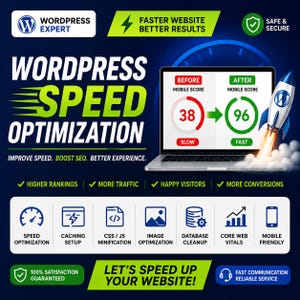 Op de afbeelding: Een digitale afbeelding voor WordPress snelheidsoptimalisatie met een laptop die een mobiele scorestijging van 38 naar 96 toont. Een raket met het WordPress-logo stijgt op vanaf het scherm. Bevat iconen voor caching, CSS en database opschoning.