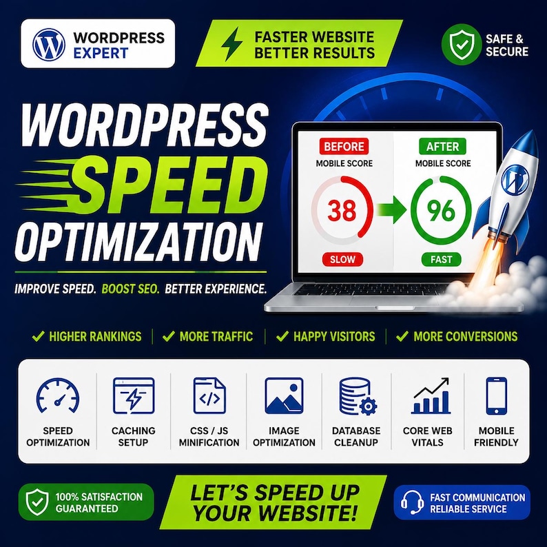 Pode incluir: Um gr&aacute;fico digital para servi&ccedil;os de otimiza&ccedil;&atilde;o de velocidade WordPress com um port&aacute;til exibindo um aumento de pontua&ccedil;&atilde;o m&oacute;vel de 38 para 96. Um foguete com o logotipo WordPress decola da tela. Inclui &iacute;cones para cache, CSS e banco de dados.
