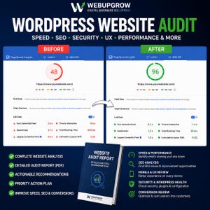 Può includere: Un grafico di marketing digitale intitolato WordPress Website Audit che mostra un confronto prima e dopo di PageSpeed Insights. Il punteggio prima è 48 in rosso, il punteggio dopo è 96 in verde. Un libro Website Audit Report è centrato.