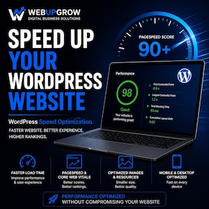 Pode incluir: Um port&aacute;til exibe uma pontua&ccedil;&atilde;o de desempenho WordPress de 98 num fundo azul escuro. O texto diz: SPEED UP YOUR WORDPRESS WEBSITE, WebUpGrow Digital Business Solutions, Performance Optimized Without Compromising Your Website.
