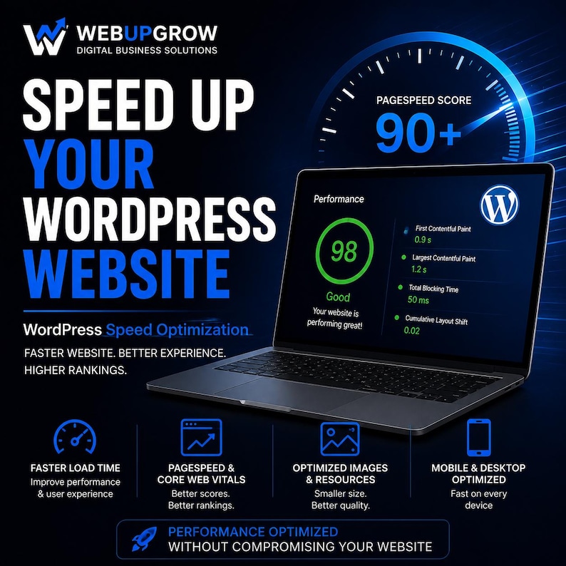 Pode incluir: Um port&aacute;til exibe uma pontua&ccedil;&atilde;o de desempenho WordPress de 98 num fundo azul escuro. O texto diz: SPEED UP YOUR WORDPRESS WEBSITE, WebUpGrow Digital Business Solutions, Performance Optimized Without Compromising Your Website.