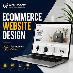 Może przedstawiać: Laptop wyświetlający stronę internetową Luxora z torebką, zegarkiem, plecakiem, żelem pod prysznic i okularami przeciwsłonecznymi. Grafika zawiera tekst WebUpGrow Digital Business Solutions, Ecommerce Website Design oraz Sell Products Online.