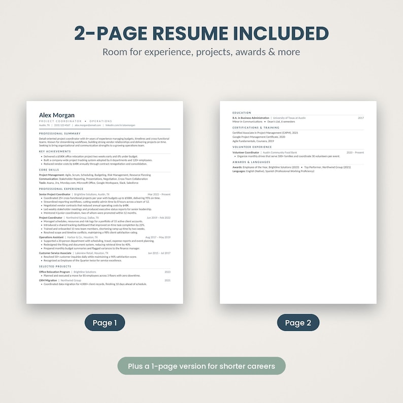 ATS Resume Template Bundle, Resume for Word, 1 & 2 Page Resume, Cover ...