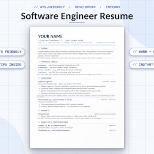 Software Engineer Resume Template, ATS Friendly Developer Resume with Cover Letter, Tech, Web Developer, Internship, Word Google Docs