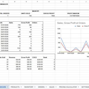 May include: A digital spreadsheet dashboard titled Small Business Inventory & Order Manager. It displays main KPI metrics, inventory alerts, a monthly sales table, and a line chart tracking sales, gross profit, and orders over the year 2026.