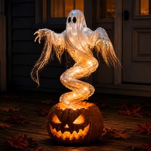 Könnte beinhalten: Eine leuchtende Halloween-Dekoration mit einem durchscheinenden Glasfaser-Geist mit ausgestreckten Armen, der aus einem geschnitzten, beleuchteten orangefarbenen Kürbis aufsteigt. Der Geist hat zwei dunkle ovale Augen und einen wirbelnden Körper.