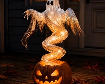 Halloween-Gartendekoration, Geisterfigur, 1,3 m großer beleuchteter Kürbis, gruselige Halloween-Gartenfigur aus Kunstharz, Herbstdeko