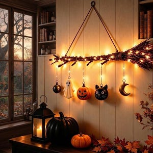 Decorazione per la porta di Halloween, insegna a LED con scopa da strega, zucca fantasma e gatto, decorazione autunnale per il portico in occasione del Ringraziamento.