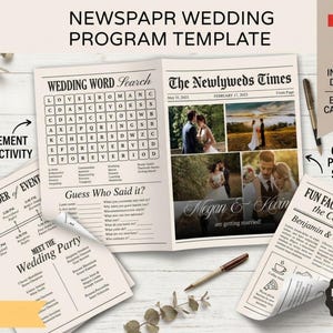 May include: A newspaper-style wedding program template featuring a word search, order of events, wedding party list, and fun facts. The layout includes sections for custom photos, the title The Newlyweds Times, and text fields for event details.