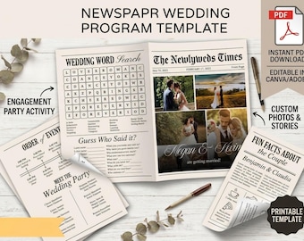 Könnte beinhalten: Eine Hochzeitszeitung-Vorlage im Zeitungsstil mit Wortsuchrätsel, Ablaufplan, Hochzeitsgesellschaft und lustigen Fakten. Das Layout enthält Bereiche für eigene Fotos, den Titel The Newlyweds Times sowie Textfelder für Veranstaltungsdetails.
