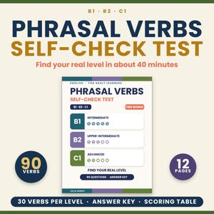 Puede incluir: Un documento de prueba de autoevaluación de verbos compuestos para adultos, con niveles B1, B2 y C1. Incluye 90 preguntas, una clave de respuestas y una tabla de puntuación en 12 páginas. Texto azul oscuro y dorado sobre fondo crema.