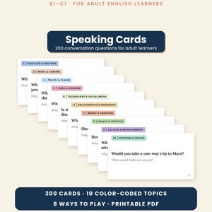 ESL Conversation Cards for Adults, 200 Speaking Questions, 10 Color-Coded Topics, B1 B2 C1 English Speaking Practice, Printable PDF
