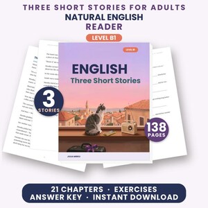 Puede incluir: Un libro titulado English Three Short Stories para adultos, nivel B1, de Julia Mirku. La portada muestra un gato en un alféizar con vistas a una ciudad, una radio y una maleta. El libro contiene 138 páginas, 3 historias, 21 capítulos, ejercicios y una clave de respuestas.