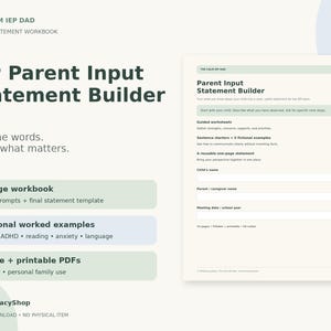 Può includere: Il Calm IEP Dad Parent Statement Workbook è un download digitale di 15 pagine che include un generatore di dichiarazioni, suggerimenti guidati, 5 esempi fittizi e modelli PDF compilabili e stampabili.