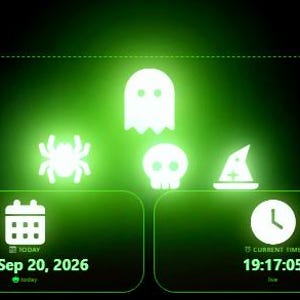 May include: A digital Horror Planner interface with a black background and glowing green text and icons. It displays a countdown of 40d 23h 42m 54s, the date Sun, Sep 20, 2026, the time 19:17:05, and a total guest count of 53, featuring ghost, spider, skull, and witch hat icons.