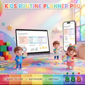 Può includere: Un pianificatore di routine digitale per bambini visualizzato su uno schermo di laptop e smartphone, con liste di controllo, orari e grafici. Tre personaggi dei cartoni animati tengono in mano piccole schede su un tappetino.