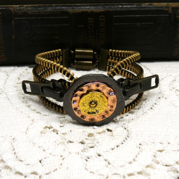 Steampunk Mixed Metal Button Zipper Bracelet - Etsy