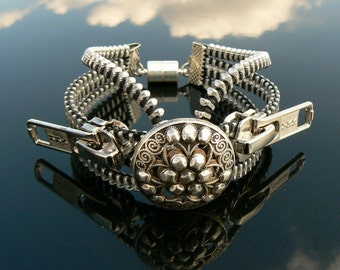 Silver Industrial Button Zipper Cuff