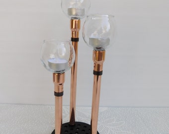 Copper Metal Candelabra -- Steampunk Three Stem Candle Holder -- Copper Fire Keeper