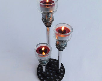 Silver Metal Candelabra -- Steampunk Candle Holder -- Silver Fire Keeper