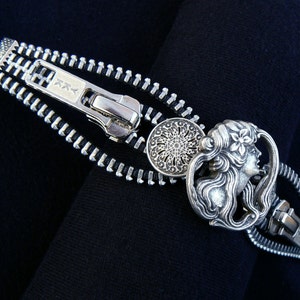Silver Steampunk Maiden Button Zipper Cuff Bracelet