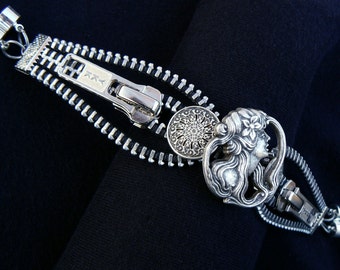 Silver Steampunk Maiden Button Zipper Cuff Bracelet