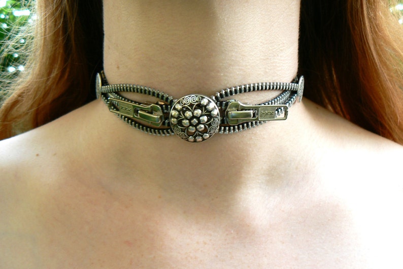 Silver Industrial Button Zipper Choker Etsy