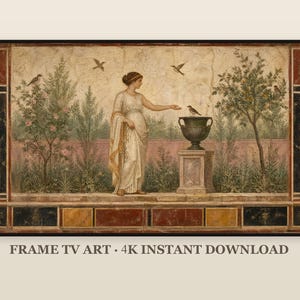 Può includere: Una stampa artistica rettangolare che raffigura un dipinto classico di una persona in tunica bianca in un giardino con alberi, uccelli e un piedistallo in pietra con un'urna scura. Il testo FRAME TV ART 4K INSTANT DOWNLOAD è stampato sotto.