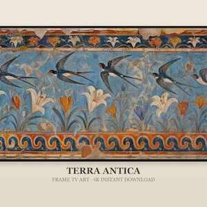 May include: A rectangular digital print featuring a fresco-style scene of five swallows in flight above a field of white and orange lilies. The artwork includes a blue background, a decorative orange wave border, and the text TERRA ANTICA FRAME TV ART.